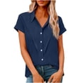 thumbnail image 3 of Feancey Summer Tops for Women Linen Short Sleeve Button Down Shirts Dressy Casual Lapel Collar Blouses Loose Fit Office Work Shirt Navy 5XL, 3 of 8