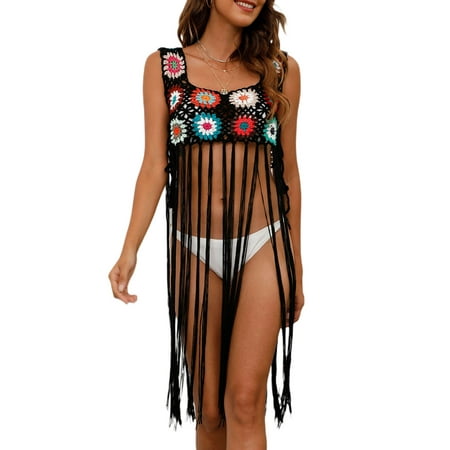 

Binpure Women Crochet Cover-ups with Tassels Halter Neck/ Square Neck Sleeveless Flower Long One-piece