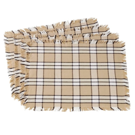 Modern Plaid Fringe Design 100% Cotton Table Placemat - Set of 4 (Khaki, 14"x20" Placemat - Set of 4)