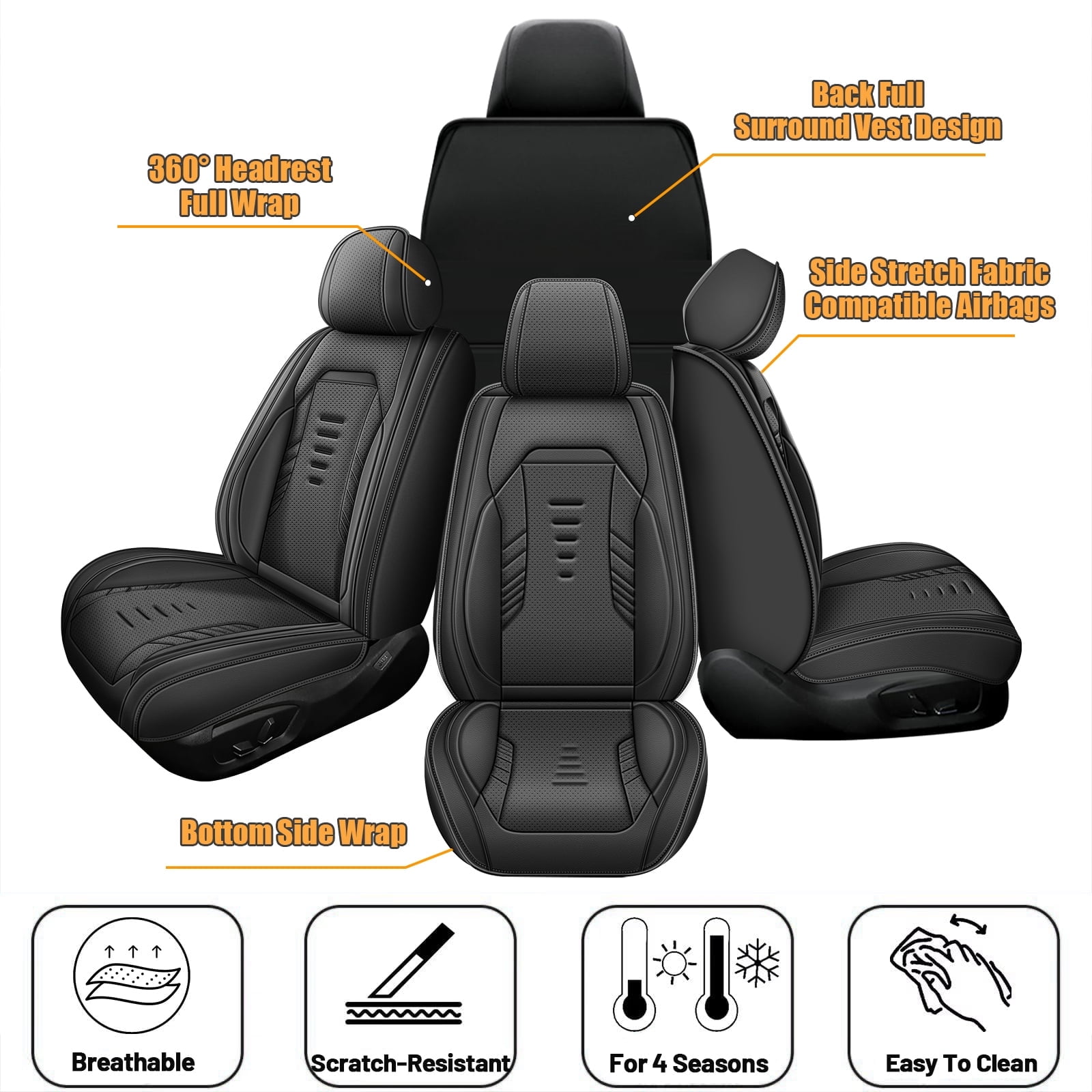 DIKSOAKR Front Seat Covers for Toyota RAV4 1998-2018, Breathable Perforated Faux Leather Car Seat Cover Interior Automotive Accessories (Black)