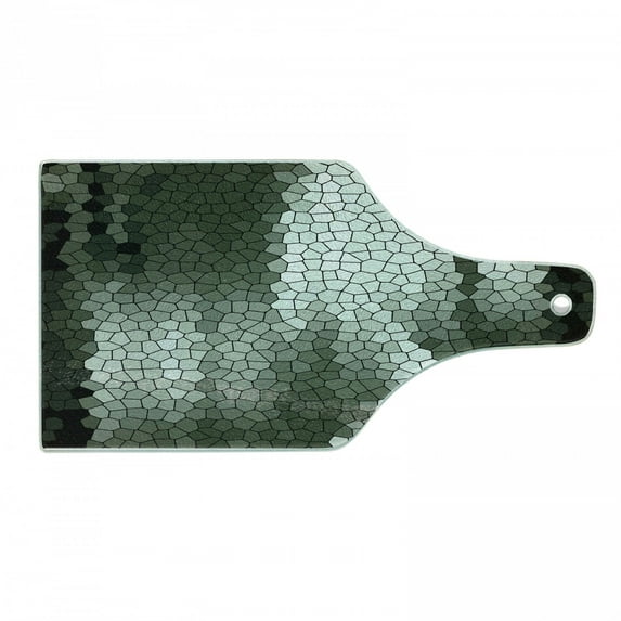 Abstract Cutting Board, Mosaic Pattern Green and White Tones Geometric Graphic Pixelated Texture, Decorative Tempered Glass Cutting and Serving Board, Wine Bottle Shape, Multicolor, by Ambesonne