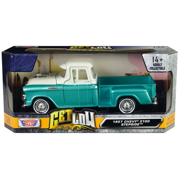 1957 Chevrolet 3100 Stepside Pickup Truck Lowrider Turquoise Met & White with White Interior 1/24 Diecast Model Car by Motormax