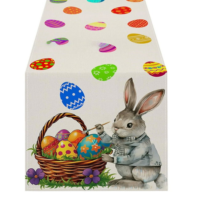 Hearth & Gear Easter Table Runner Linen Bunny Print Home Tablecloth Holiday Party Table Decoration Tablecloth Mat H End Table Small Dining Table Rug Back to School Table Table 48 Inches Napkins