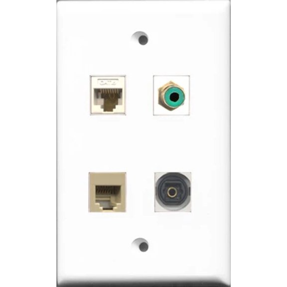 RiteAV 1 Port RCA Green and 1 Port Phone RJ11 RJ12 Beige and 1 Port Toslink and 1 Port Cat6 Ethernet White Wall Plate