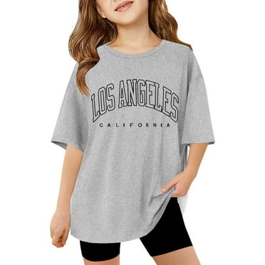 SUYIDA Cute Shirts for Girls Round Neck Letter Print Short Sleeve T Shirts Fashion Cool Tee Shirt Summer Clothes for Girls Grey,150
