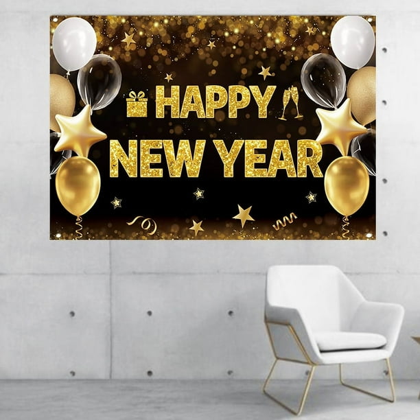 Telón de fondo de Feliz Año Nuevo Globo de champán Fondo de fotografía con destellos dorados negros Hola 2025 Saludos por el Año Nuevo