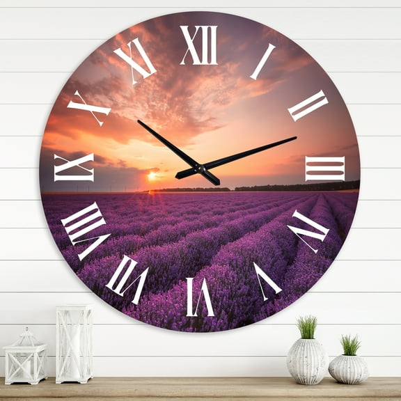 Designart 'Sunrise & Dramatic Clouds Over Lavender Field Xii' Farmhouse Wall Clock