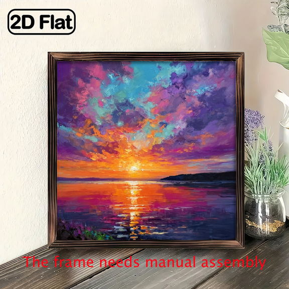 2D Flat, 1pc Vintage Wooden Wall Art - 8x8 Inch Sunset Ocean Landscape Painting with Vibrant Colors, Farmhouse Coastal Decor for Living Room, Bedroom, Office, Kitchen, Decorativ