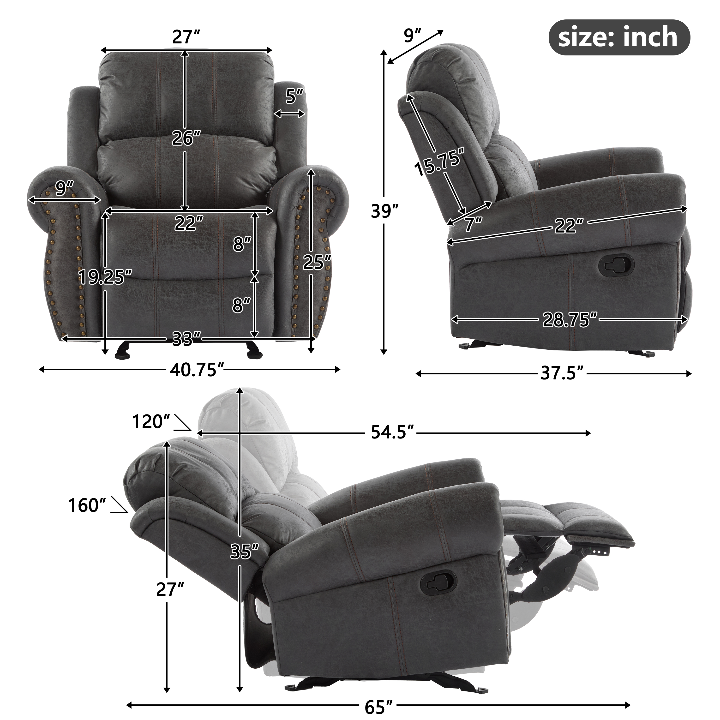 Euroco 40.75" Wide Suede Manual Glider Standard Recliner, Slate
