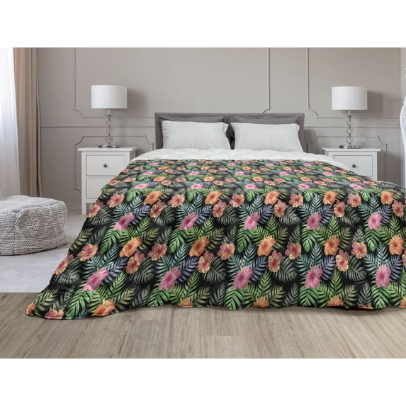 Hibiscus Down Alternative Comforter, Tropical Pattern of Flower Graphic, Microfiber Quilt for All Season, 5 Sizes, Dark Coral White, by Ambesonne