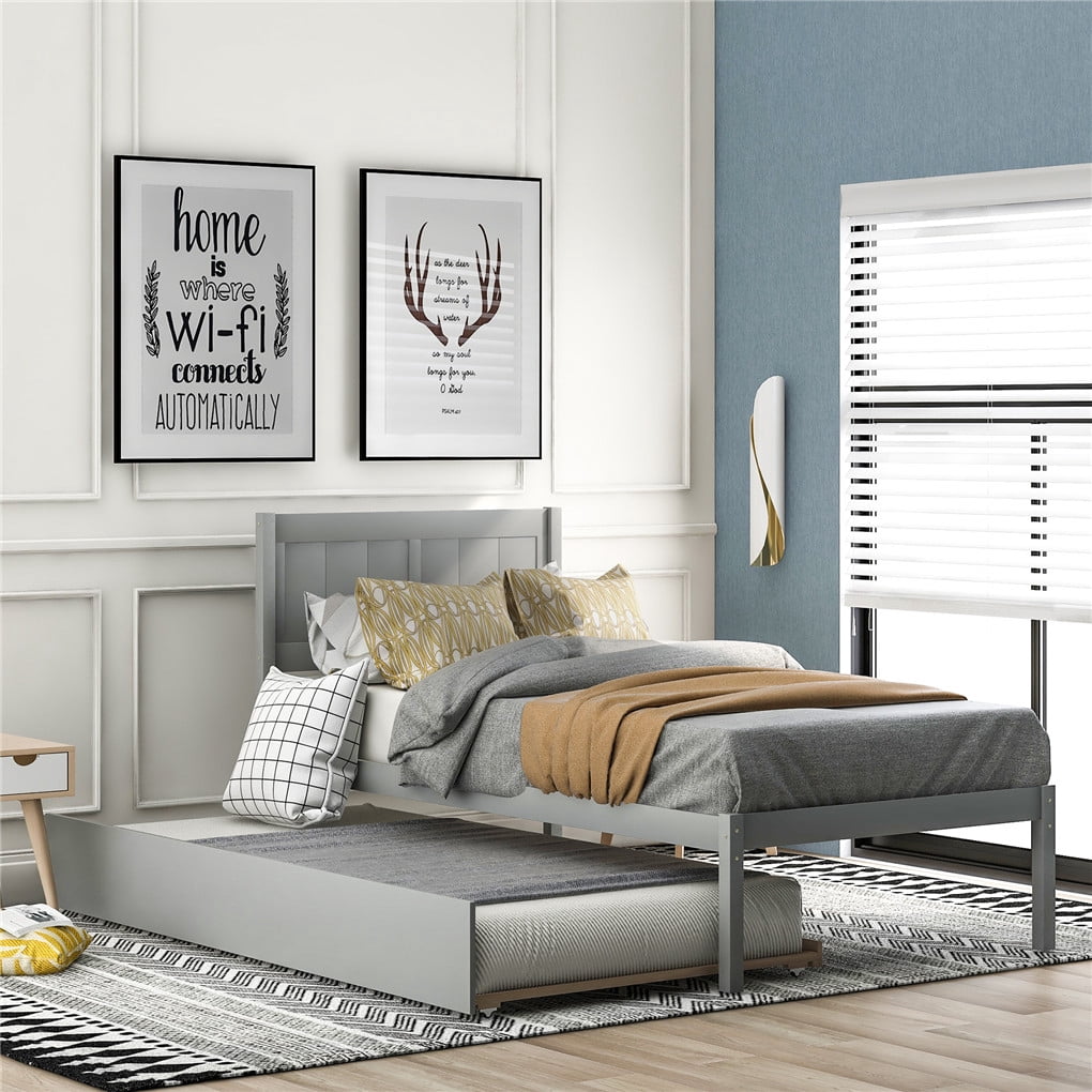 Irene Inevent Bed Frame Wooden Slatted Mattress Support Platform Bed Twin Size Trundle Bedstead with Headboard