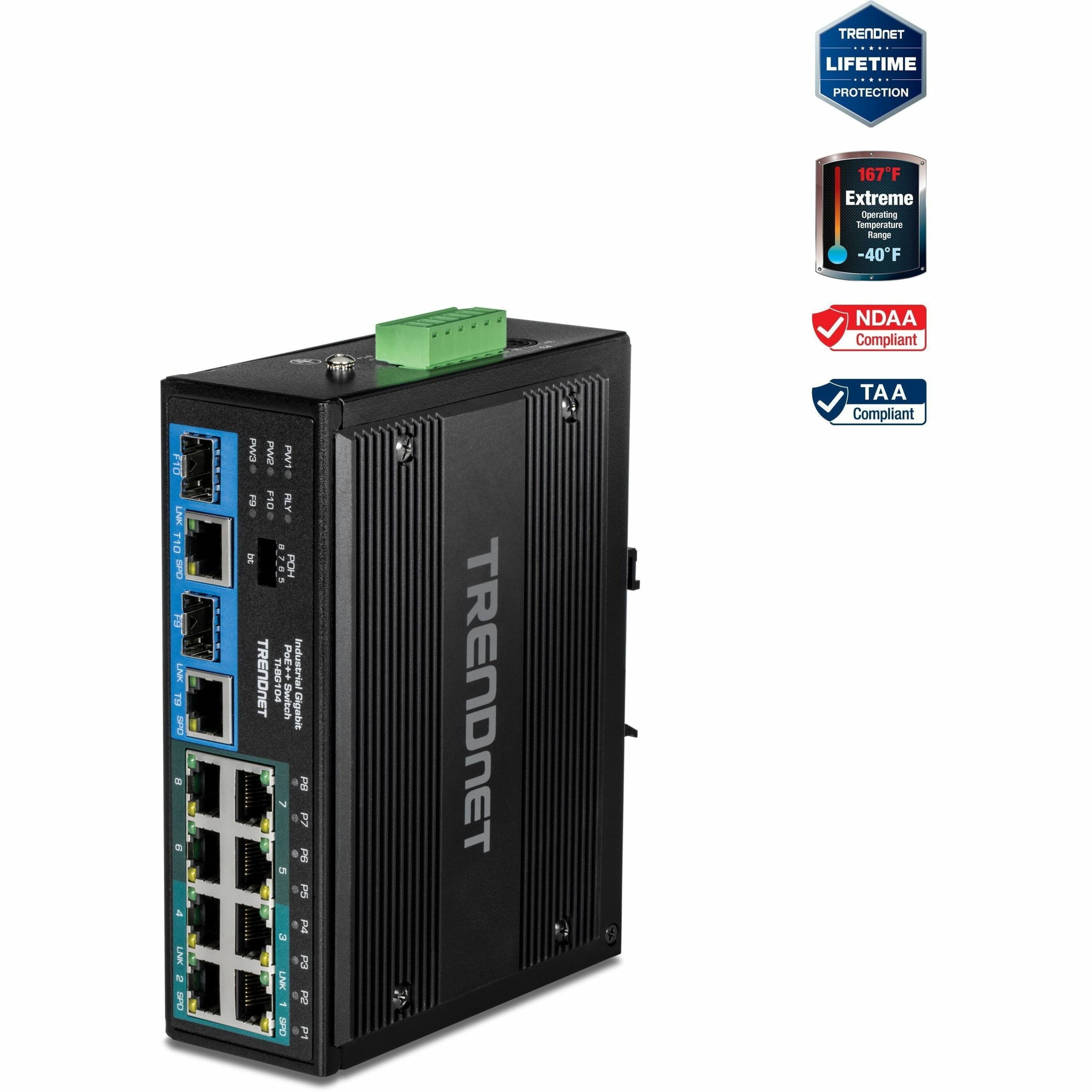 TRENDnet  TI-BG104,10-Port Industrial Gigabit PoE++ DIN-Rail Switch