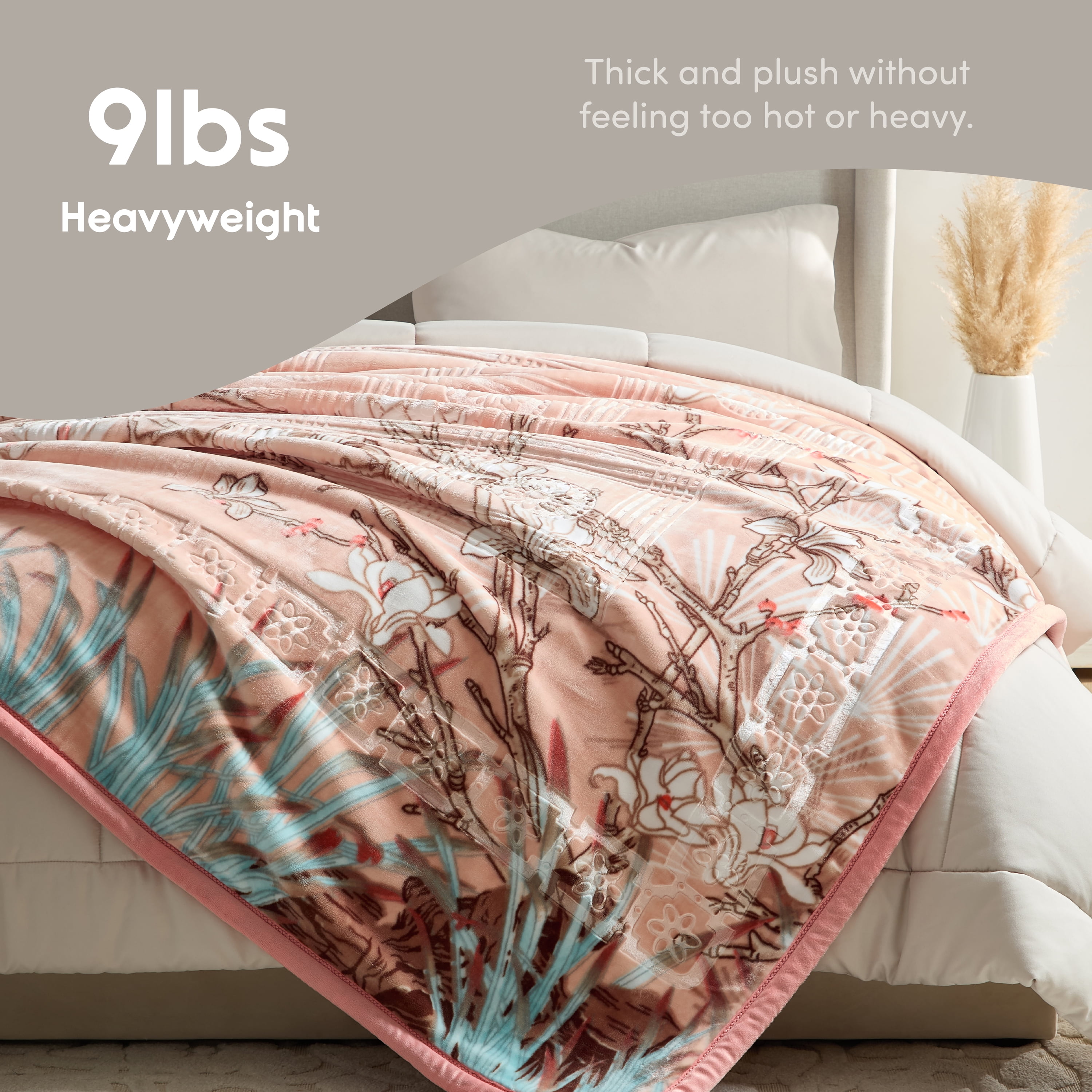 Lammaloe Queen Size Korean Mink Fleece Blanket for Winter, 9 lbs, 79" x 94", Heavy 2-Ply Warm Heavyweight Raschel Bed Blankets, Reversible Printed, Peach