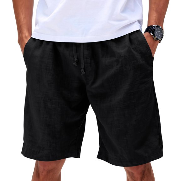 Zimjoy Beach Shorts for Men Linen Breathable Summer Shorts Elastic Drawstring Casual Short for Vacation, Black L
