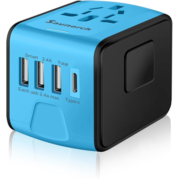 Travel Adapter Worldwide, Universal International Power Plug Adapter W/2.4A 3xUSB-A and 3.0A Type-C Wall Charger, European Travel Plug Adapter for Europe UK EU US CA AU Italy Asia-Blue