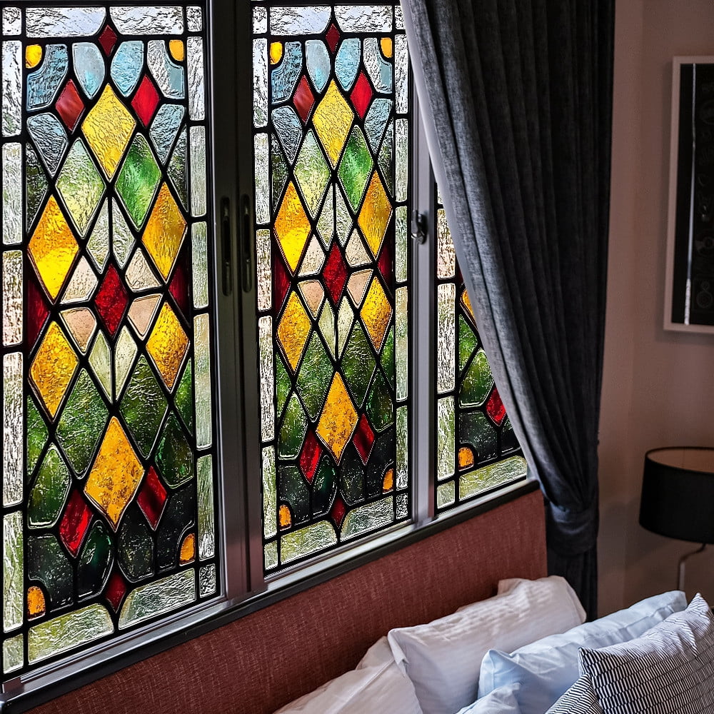 Todaioua Privacy Windows Film European Church Style Stained Glass No Glue Static Cling Decorative Frosted Window Stickers for Home/Office, 11''x34''(38x85cm)