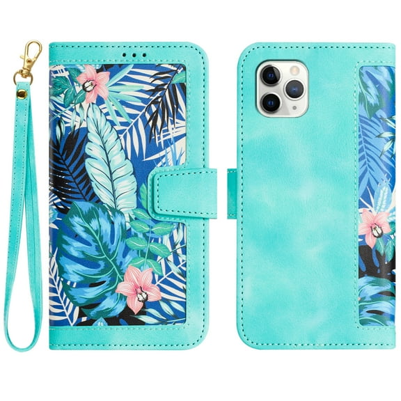Allytech iPhone 11 Wallet Case, Chic Flower Pattern PU Leather Shoulder Strap Hand Wrist Cards Holder Stand Protective Flip Folio Cover for Girls Women Phone Case for Apple iPhone 11 - Green