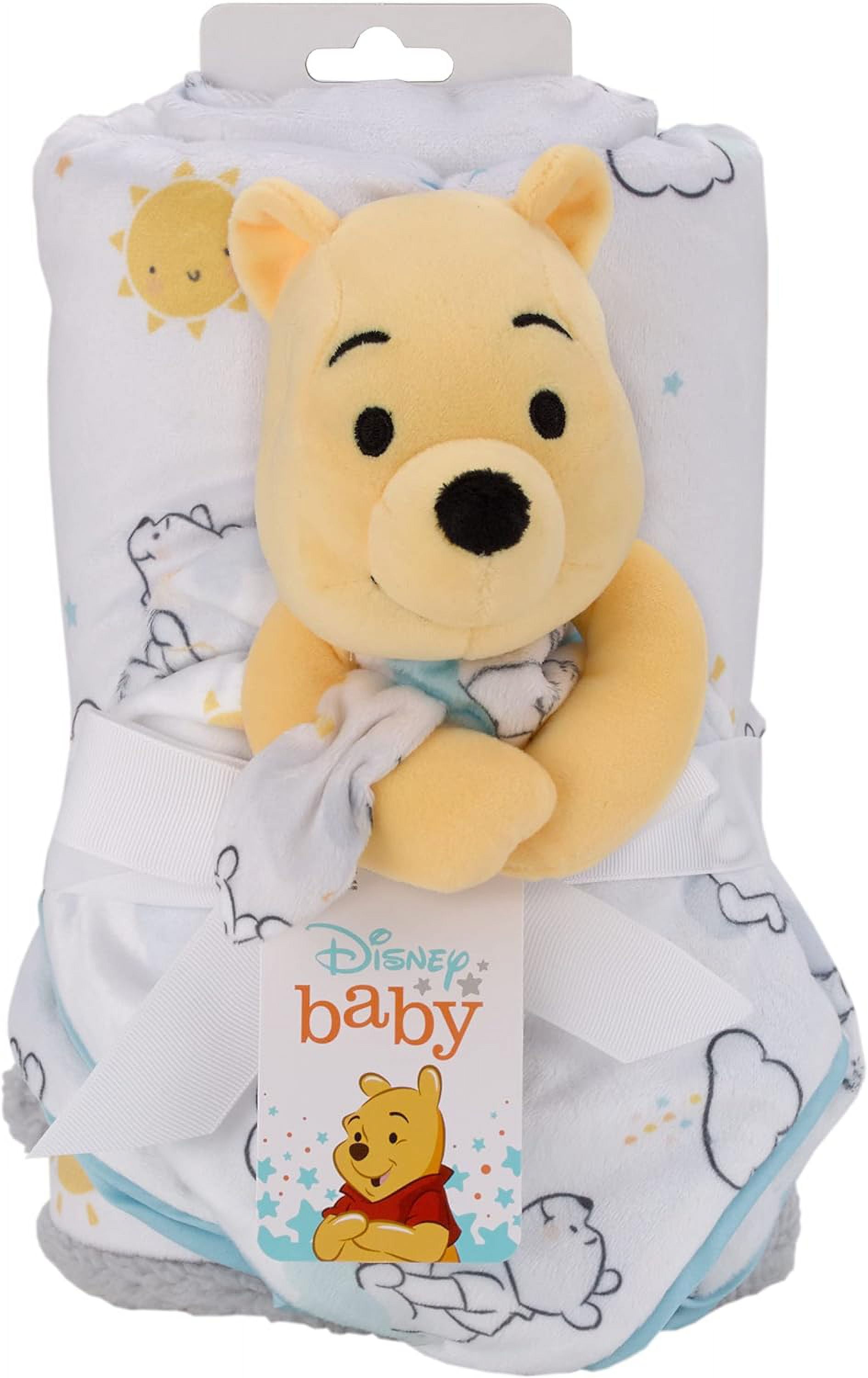 Disney Winnie The Pooh White, Yellow, and Aqua Sunshine and Clouds Super  Soft Sherpa Baby Blanket and Security Blanket 2-Piece Set White Yellow Aqua