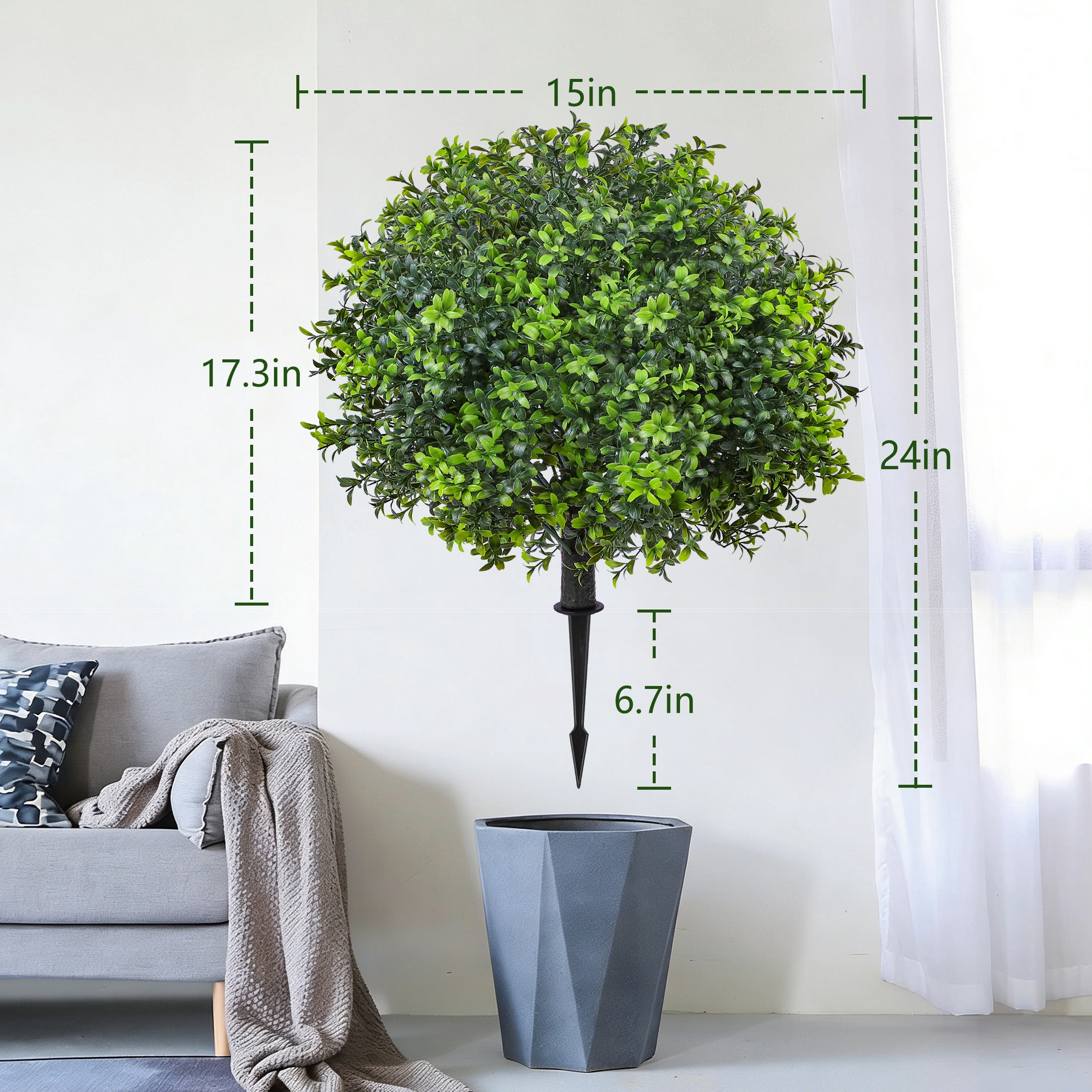 HKKDKTA 2 Pack Artificial Boxwood Topiary Ball Trees with Ground Spike,UV Resistant Faux Bushes Plants for Indoor Outdoor Garden Patio Decor