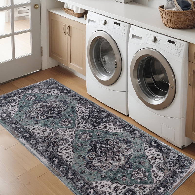 Superior Mahi Ornate Floral Washable Indoor Runner Rug, 2' 7" x 6', Turquoise