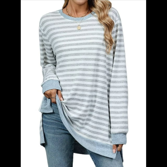 Camisa Informal de Larga A Rayas para Mujer, , con Cuello Redondo, Ajustada, Holgada, Básica Gris y S