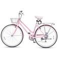 thumbnail image 1 of Viribus Hybrid Bike, 700c City Commute Cruiser Bike with 7 Speed Drivetrain 28" Wheel Step Through Frame Front Basket Rear Cargo Rack Dual V Brakes,Pink, 1 of 8