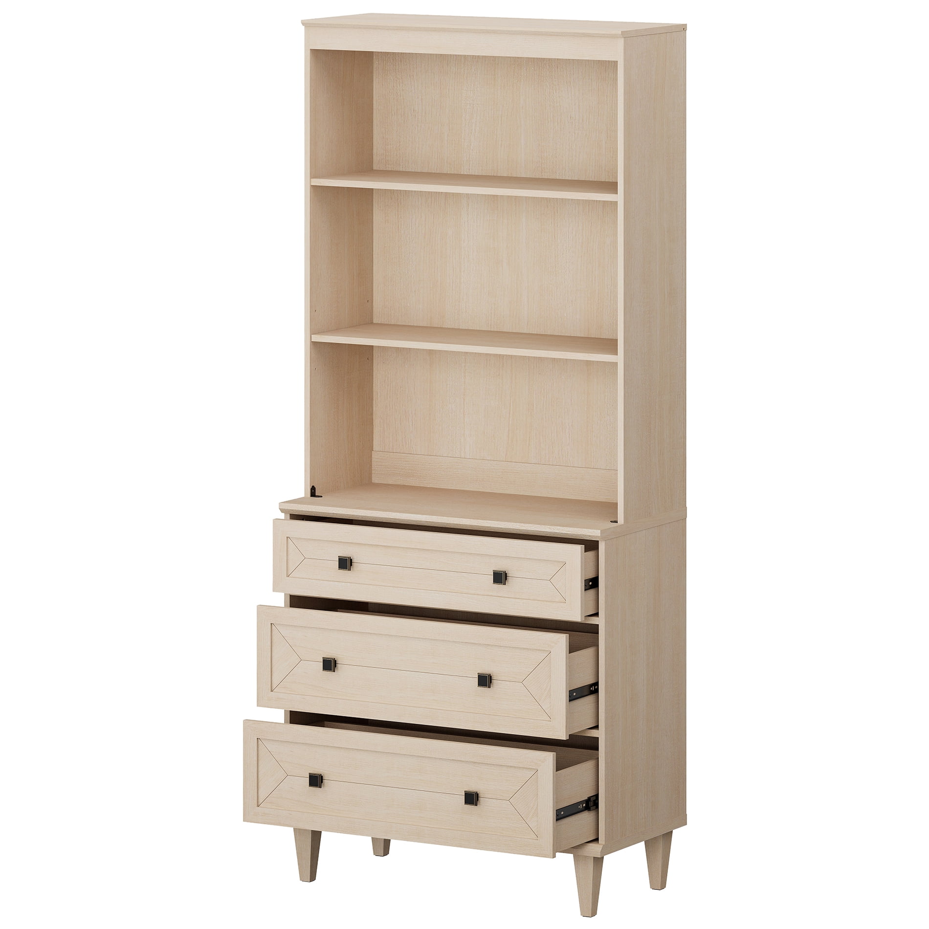 WAMPAT Handmade Patchwork 31.5" Wide Tall Bookshelf with Drawers, Beige