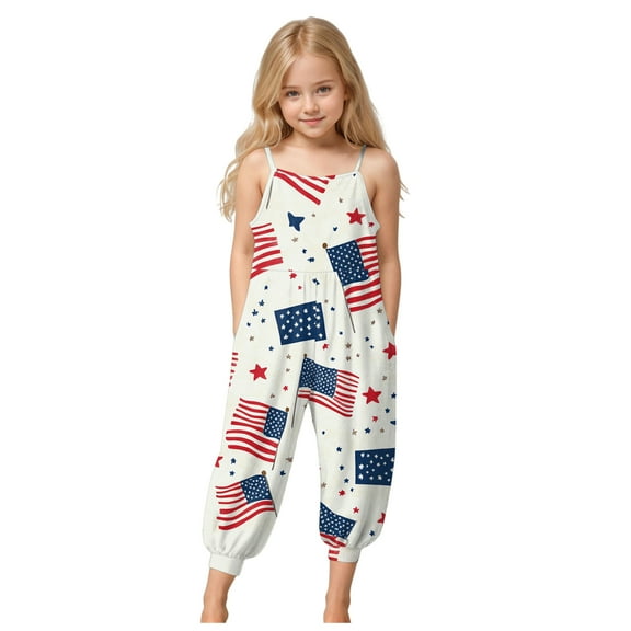 WUANDIXFA Cute Jumpsuit 4th of July Costumes Kids Patriotic Kids Clothes 4th of July Jumpsuit Girls Overalls Summer Outfits 7-8 Years,Red