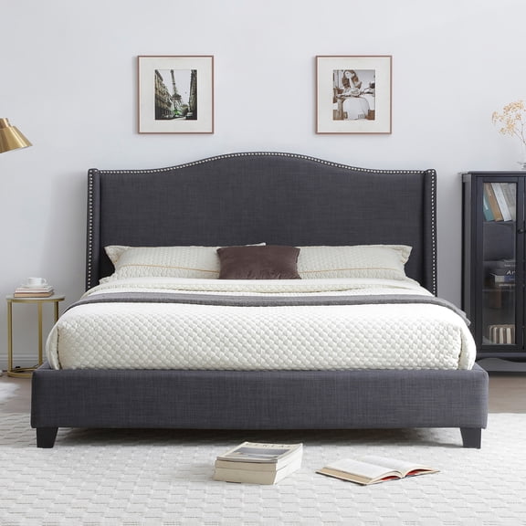 Hampton Linen Fabric Upholstered King Platform Bed in Charcoal