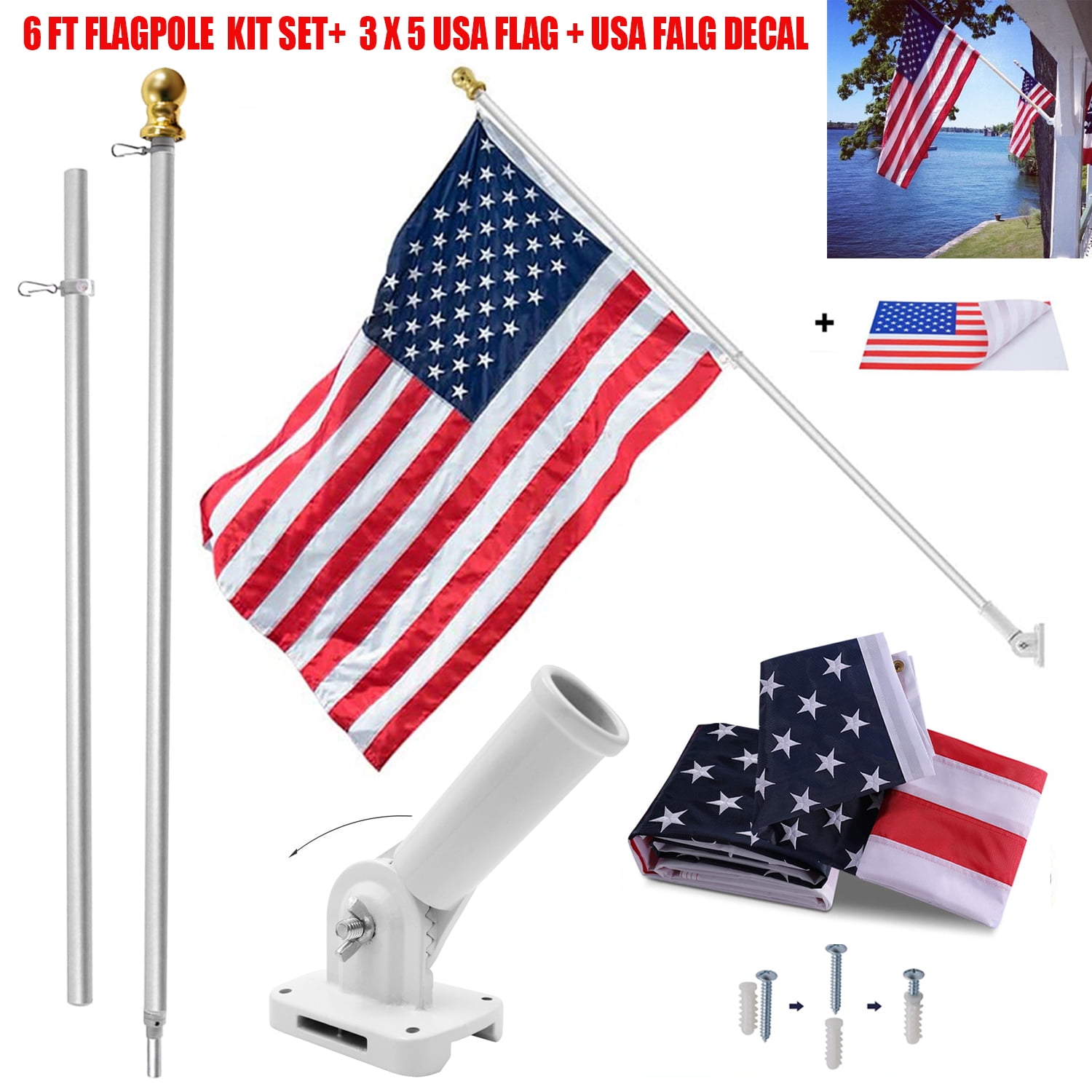 3x5 Ft American Flag & 6 Ft Flag Pole & Holder Polyester US Flag with
