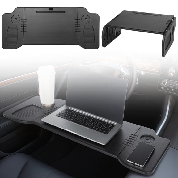 Foldable Car Laptop Desk, Car Tray Desk Compatible with Tesla Model 3/Y, Steering Wheel Dining Table with Cup Holders, Tablet/Phone Slot for Travel, Camping