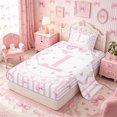 thumbnail image 2 of Meiyoeat Watercolor Letter L Print Twin Sheets 3pcs, Cute Stripes Bow Pattern Bedding, Pink White, 2 of 6