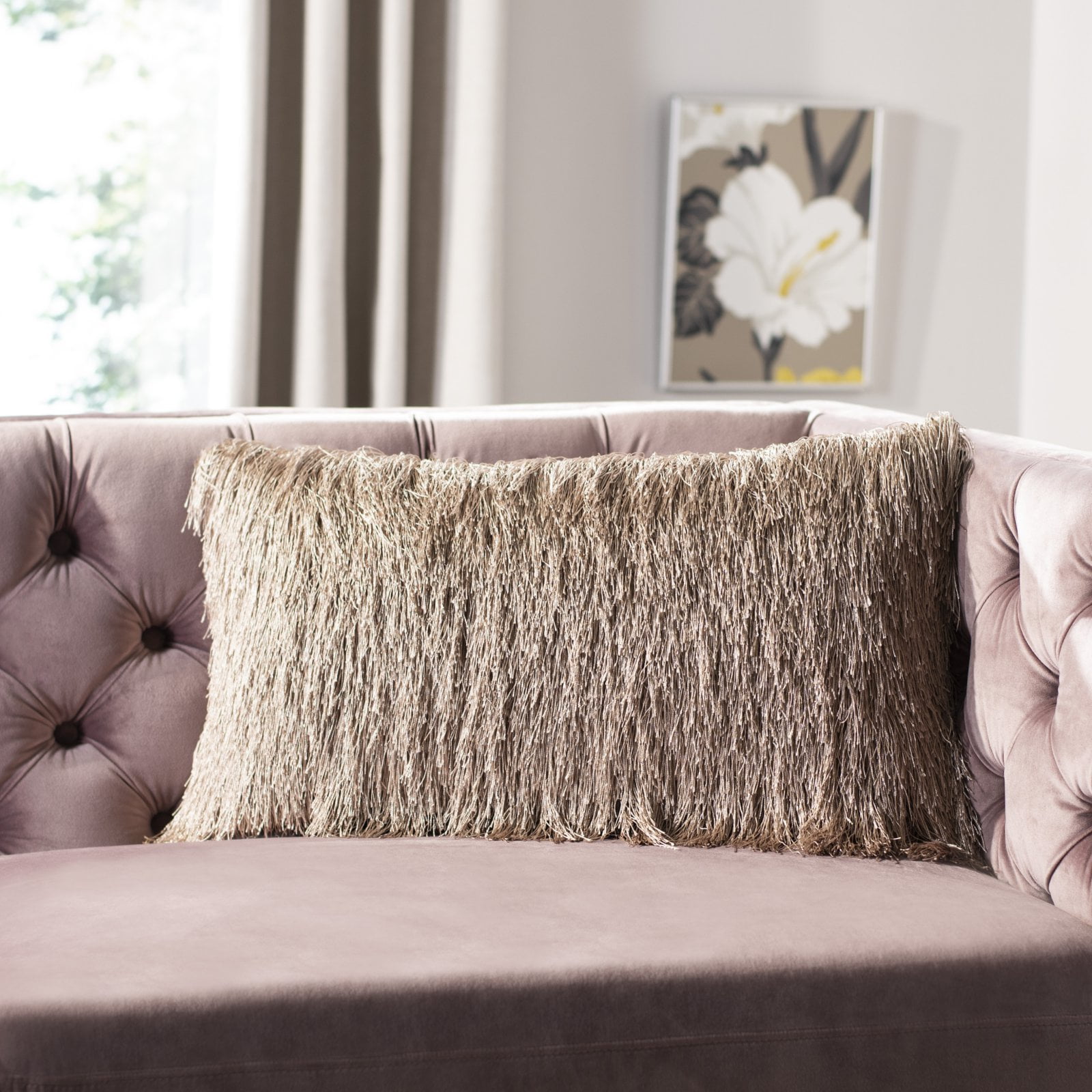 SAFAVIEH Indoor/Outdoor Modern Glam Shag Pillow, 14" x 24", Champagne