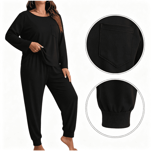 Nugftut Womens Plus Size Pajama Sets Long Sleeve Chest Pocket Top and Jogger Pants 2 Piece Loungewear