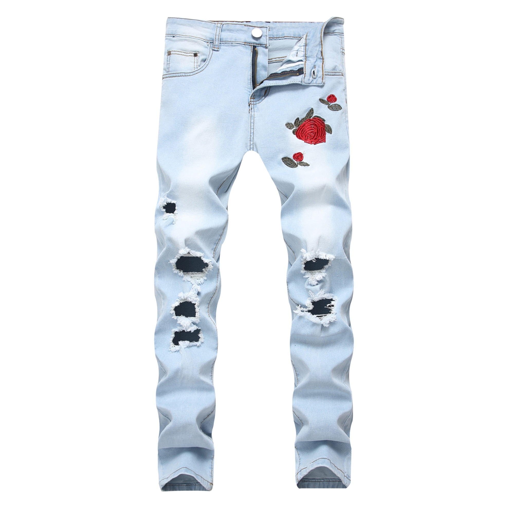 MAWCLOS Mens Ripped Skinny Distressed Destroyed Jeans Chic Slim Fit Stretch Biker Jeans Pants with Holes Flower Embroidery Jeans Walmart
