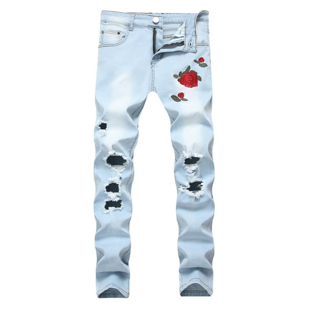 Mens Casual Stretchy Ripped Slim Fit Denim Jeans Washed Skinny Tapered Leg Jeans Bar Dancing Embroidery Destroyed Jeans