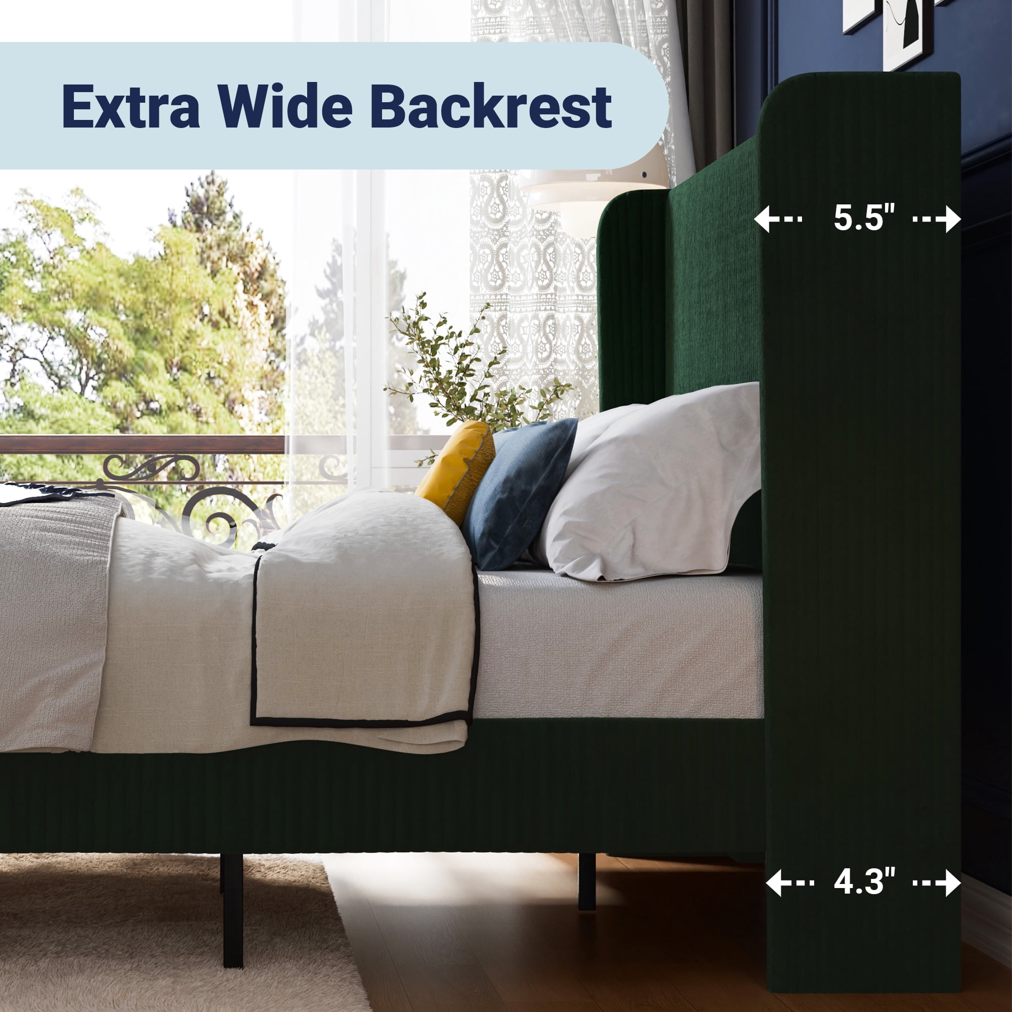 Allewie Queen Size Corduroy Upholstered Platform Bed Frame with Vertical Channel Tufted Wingback Headboard, 8" Under Bed Storage, Wooden Slats and Metal Frame Support, No Box Spring Needed, Green