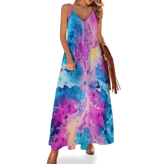 Vestido hippie teñido anudado, retro psicodélico, kawaii, maxivestido con tirantes, elegante, bohemio, para playa, largo, de verano, con cuello en V, de gran tamaño