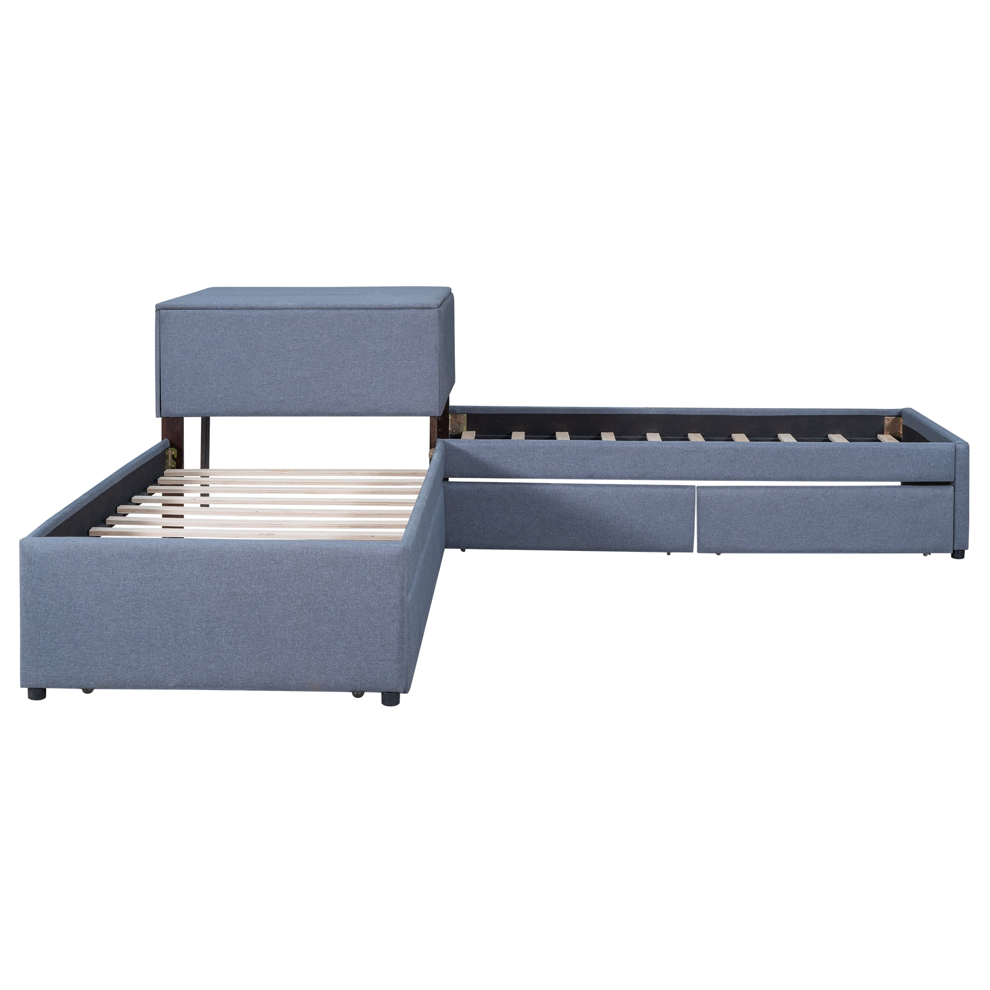 EUROCO Upholstery L-Shaped Twin Platform Bed with Drawers and Trundle,Square Table for Bedroom