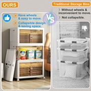 Storage Bins with Lids- 4 Tier Folding Storage box with Doors and Wheels, Collapsible Plastic Storage Bins for Closets, Stackable Storage Organizer, Storage Containers for Closet, White