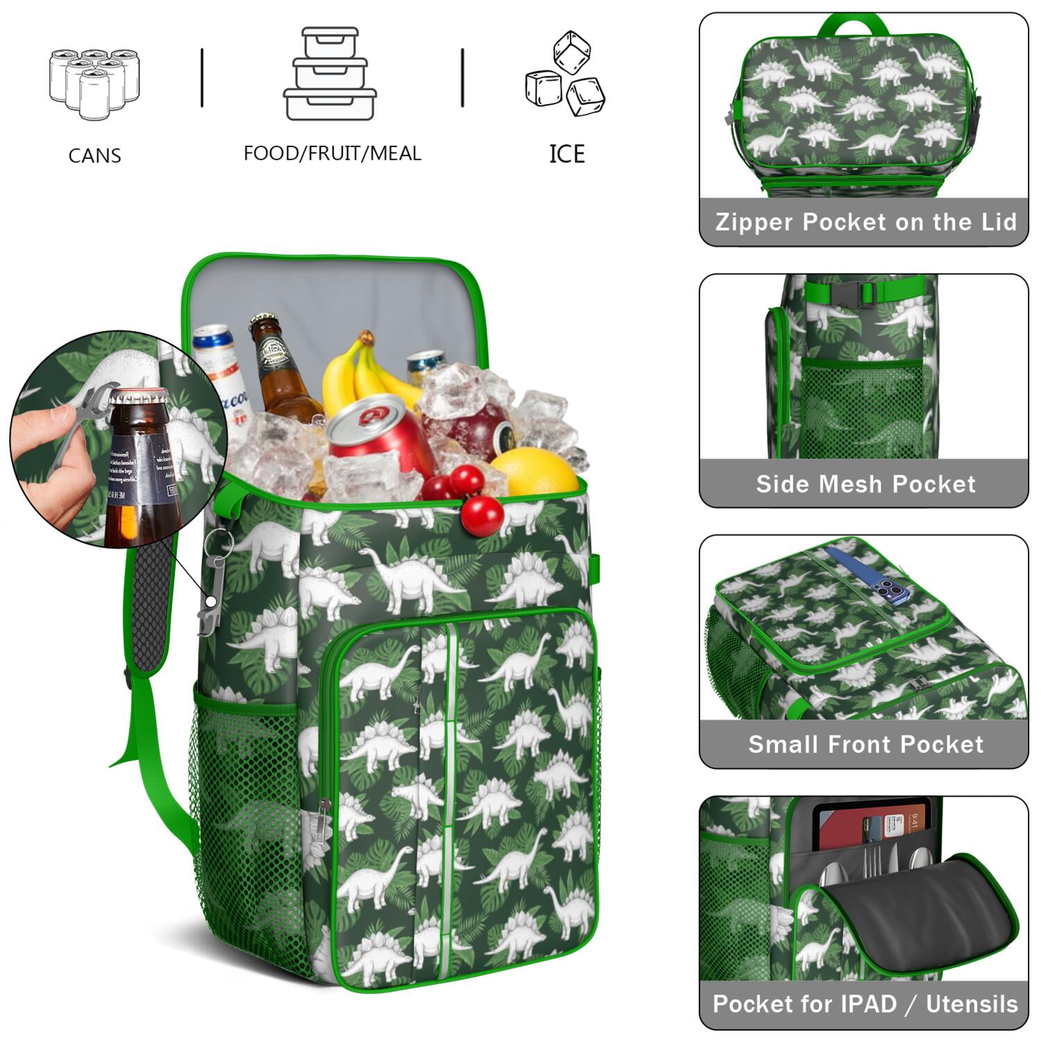 Travel Cooler Bag - Green Cartoon Dinosaurs Leaves Pattern Camping Beer Cooler Backpack with Bottle Opener- Waterproof Insulated Picnic Backpacks - Cooler Bag for Beach