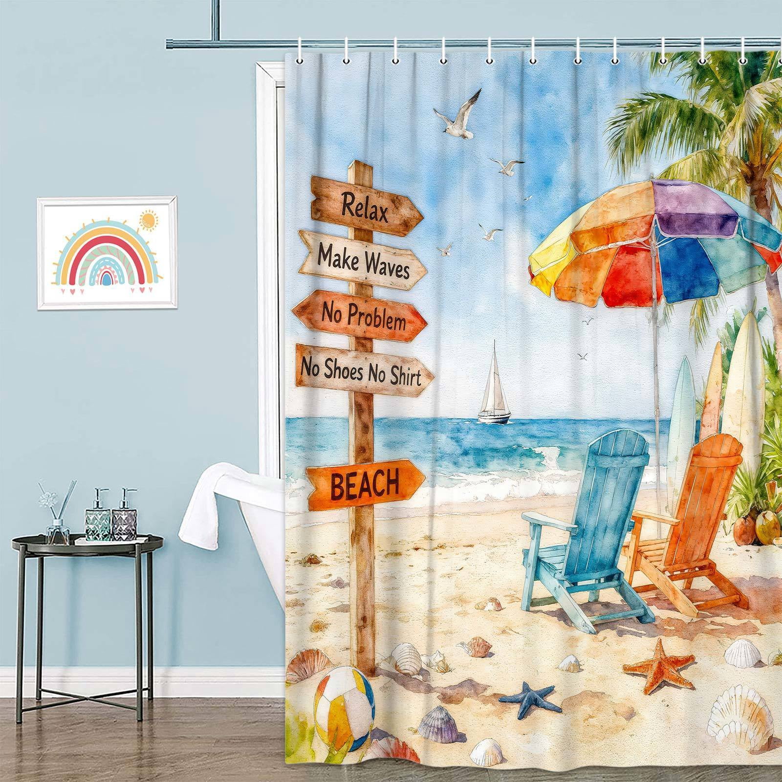 Ocean Beach Palm Tree Shower Curtains, Tropical Summer Shower Curtains for Bathroom, Sailing Seagull Sails Chair Bath Curtain Bathroom Decor,72X72in