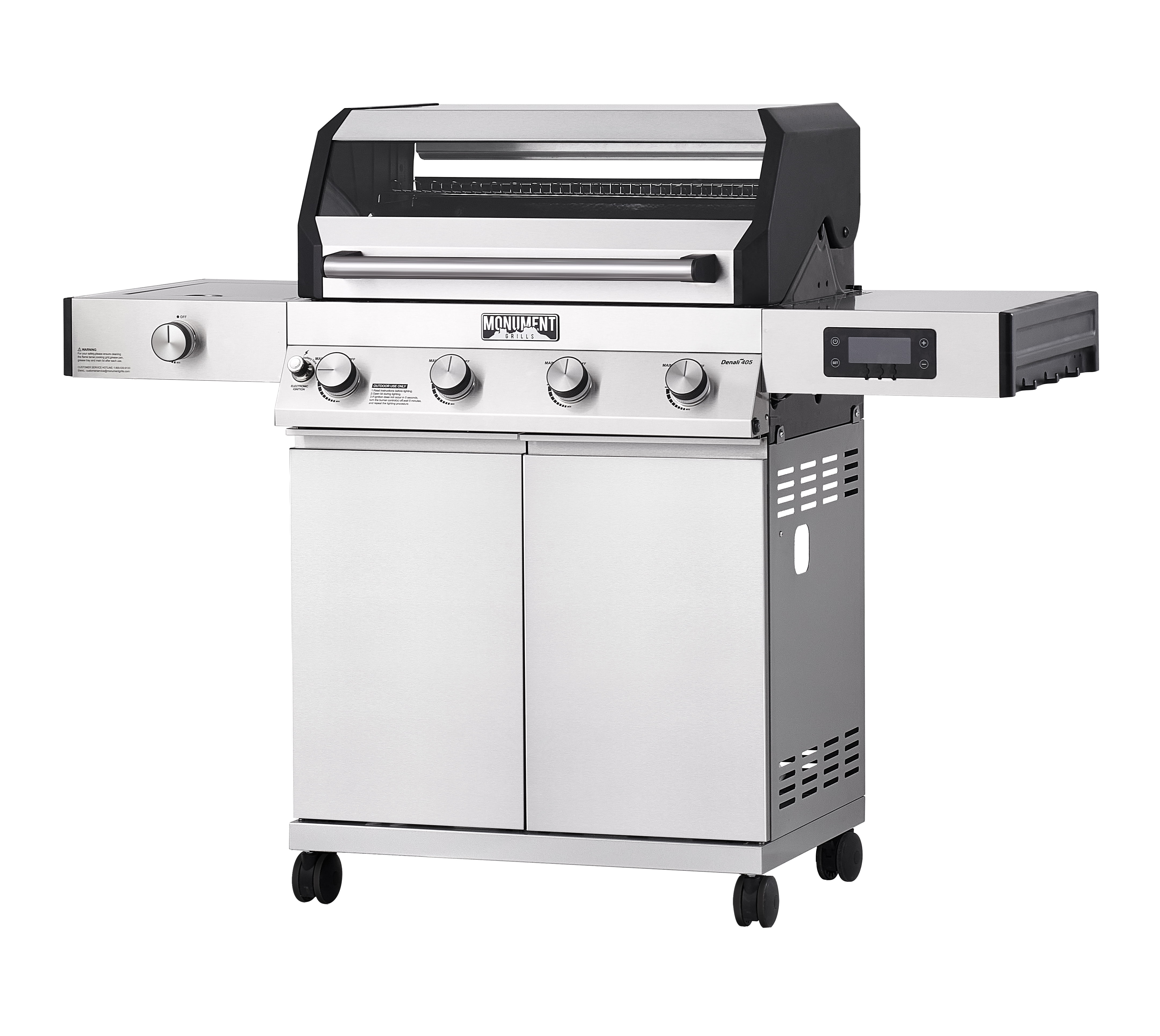Denali 4-Burner Propane Gas Grill in Stainless with Clearview Lid, 3-Phase LED Controls, Grill Cover, and Side Burner