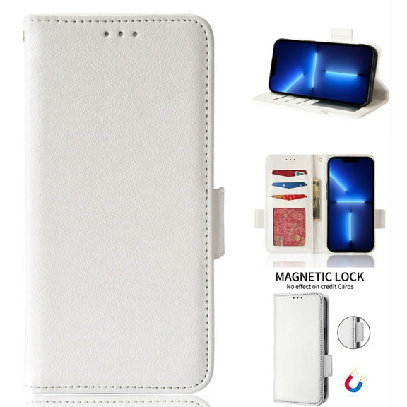 Wallet Case for iPhone 14 Pro 6.1 Inch, Soft Silicone Lychee Pattern PU Leather Shockproof Flip Cover with Card Slots Holder Magnetic Clasp Lock Drop Resistant Kickstand Phone Case,White