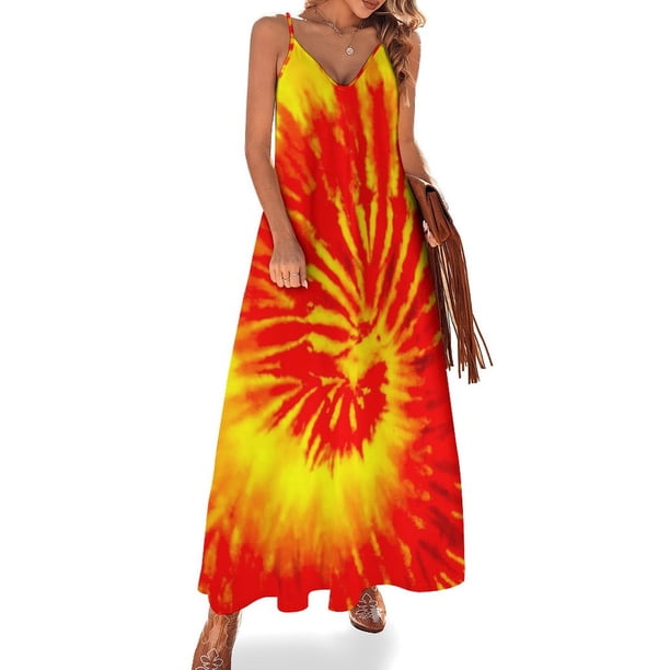 Vestido hippie teñido anudado, retro psicodélico, kawaii, maxivestido con tirantes, elegante, bohemio, para playa, largo, de verano, con cuello en V, de gran tamaño