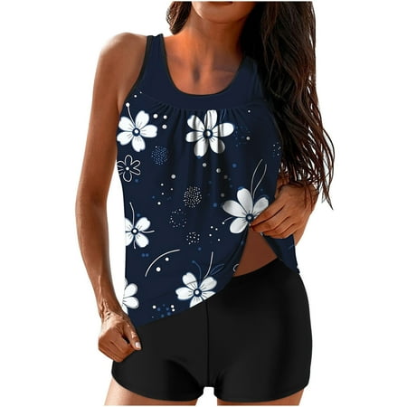 ZQGJB Tankini Swimsuits for Women Two Piece Bathing Suits Mesh Patchwork Scoop Neck Blouson Tank Top with Boyshorts Tummy Control Modest Swimsuits(Multicolor#07 M)