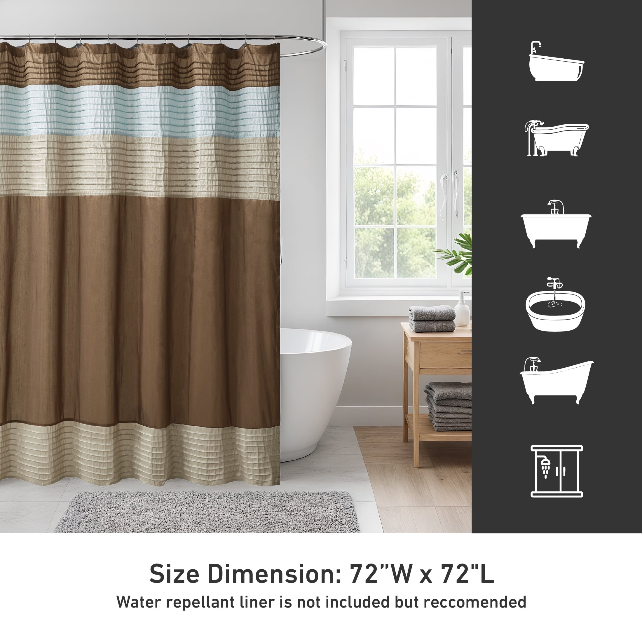 Madison Park Blue/Brown Faux Silk Shower Curtain, Striped Lightweight Bath Curtain Decor, Brown Curtain for Bathroom, 72"x72"