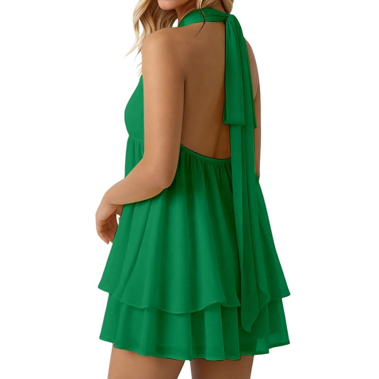 Women's Halter Neck Backless Mini Dress with Ruffle Hem – Sleeveless A-Line Summer Dress for Beach, Vacation & Party – Tie Back Chiffon Swing Dress (XS-XXL)