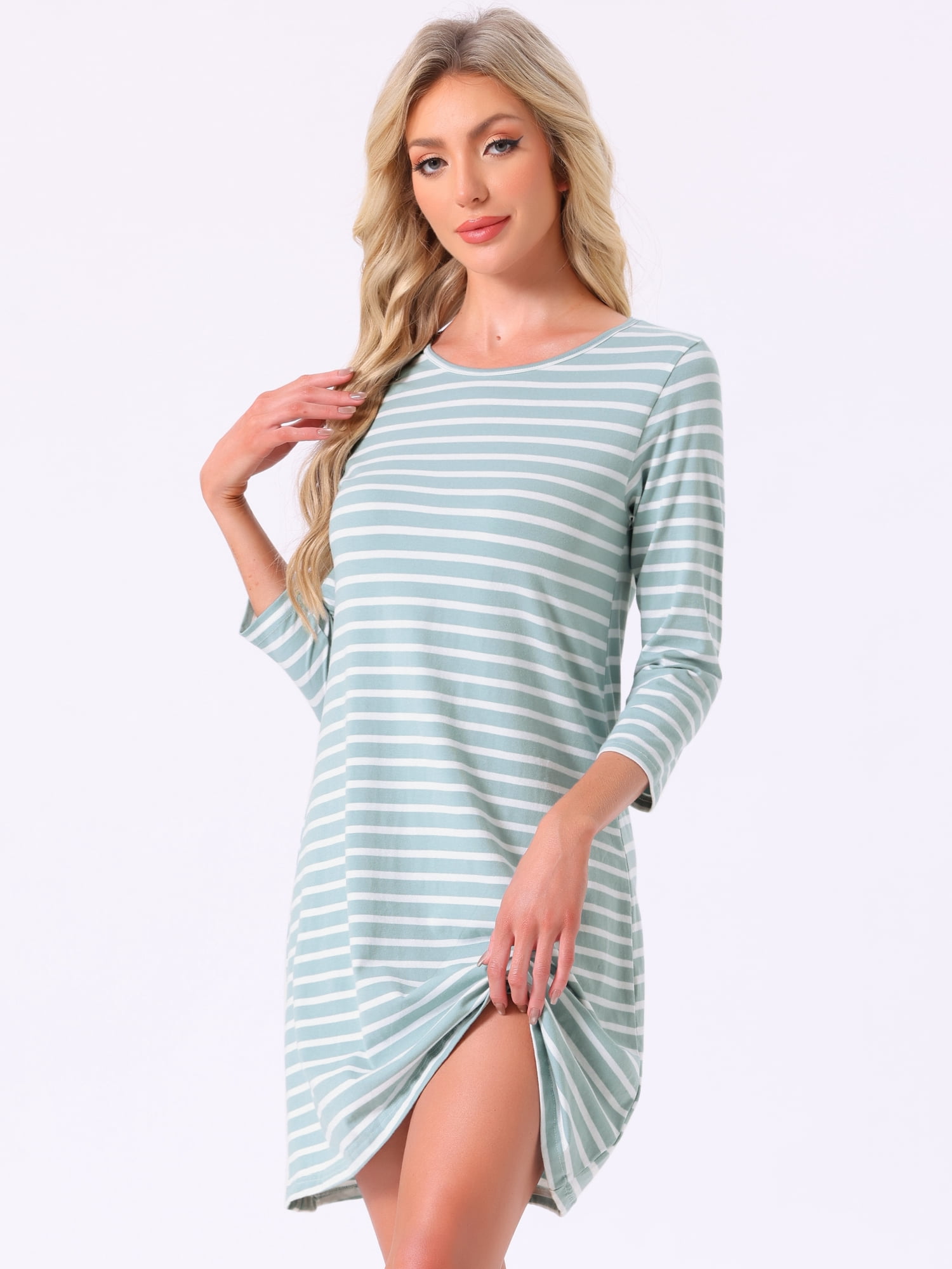DARING DIVA Women's Cotton Stripe 3/4 Sleeve Round Neck Midi Sleepdress L Green