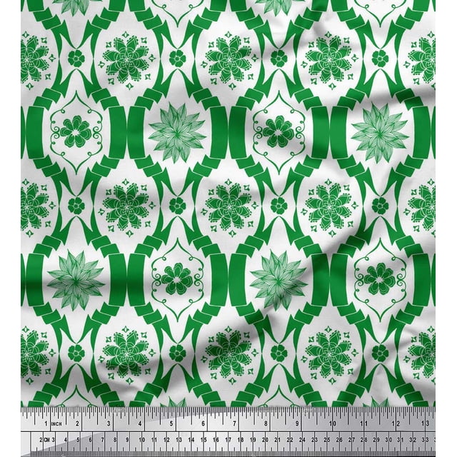 Soimoi Green polyester Crepe Fabric Floral Damask Printed Fabric 1 Yard 52 Inch Wide